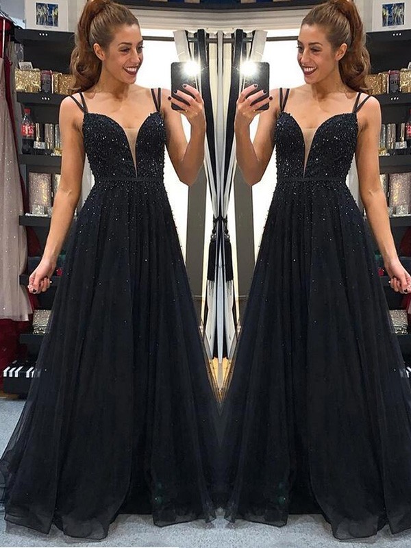 A-Line/Princess Tulle Spaghetti Straps Beading Floor-Length Sleeveless Dresses 5409