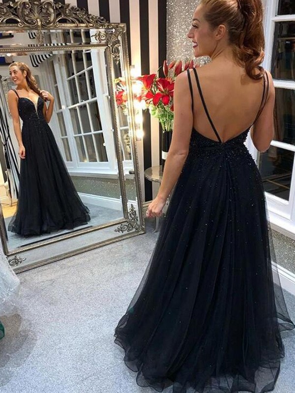 A-Line/Princess Tulle Spaghetti Straps Beading Floor-Length Sleeveless Dresses 5409