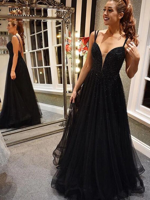 A-Line/Princess Tulle Spaghetti Straps Beading Floor-Length Sleeveless Dresses 5409