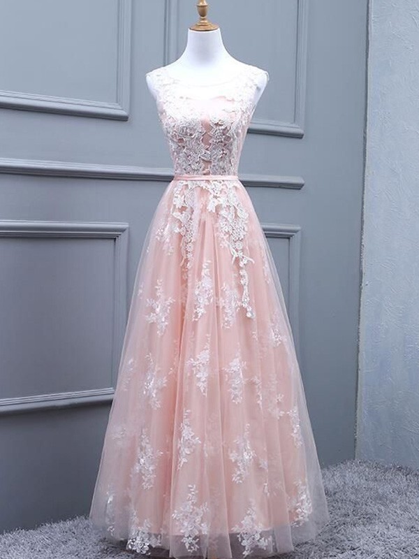 A-Line/Princess Tulle Scoop Sleeveless Floor-Length Applique Dresses 5400