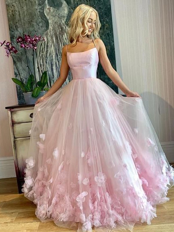 A-Line/Princess Bateau Tulle Applique Floor-Length Sleeveless Dresses 3401