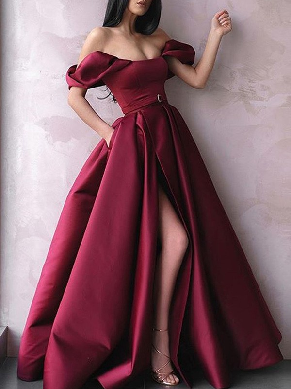 A-Line/Princess Sash/Ribbon/Belt Off-the-Shoulder Satin Floor-Length Sleeveless Dresses 4050