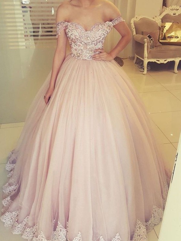 Ball Gown Off-the-Shoulder Floor-Length Sleeveless Tulle Applique Dresses 5649