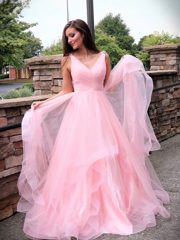 A-Line/Princess Tulle Ruched Sleeveless Sweep/Brush Train V-neck Dresses 5350