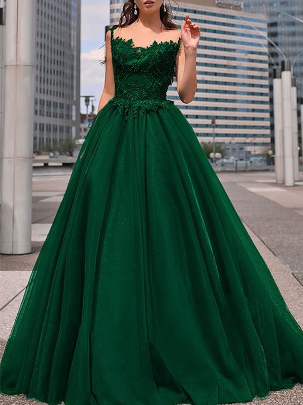 A-Line/Princess Bateau Tulle Beading Floor-Length Sleeveless Dresses 3402