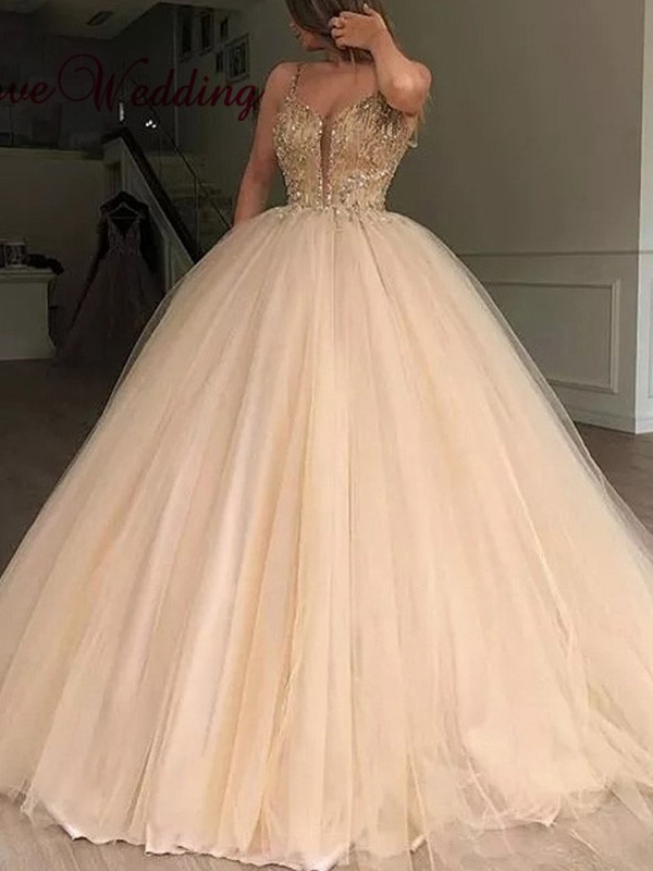 Ball Gown V-neck Tulle Sleeveless Beading Floor-Length Dresses 5814