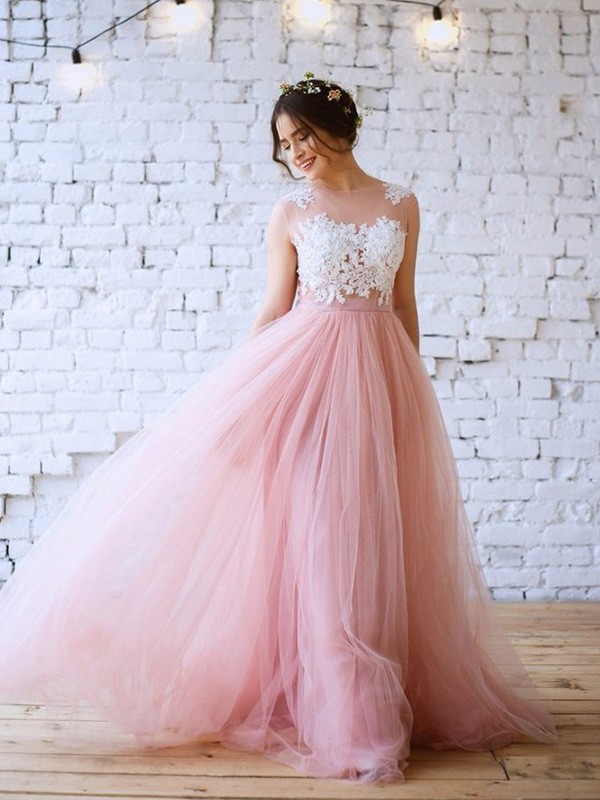 A-Line/Princess Applique Bateau Sleeveless Tulle Sweep/Brush Train Dresses 3334