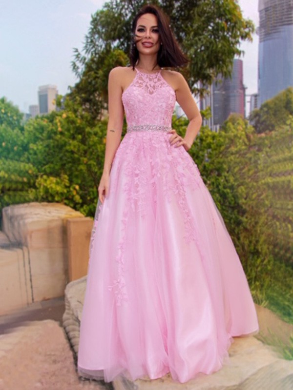 A-Line/Princess Tulle Applique Halter Sleeveless Floor-Length Dresses 5130