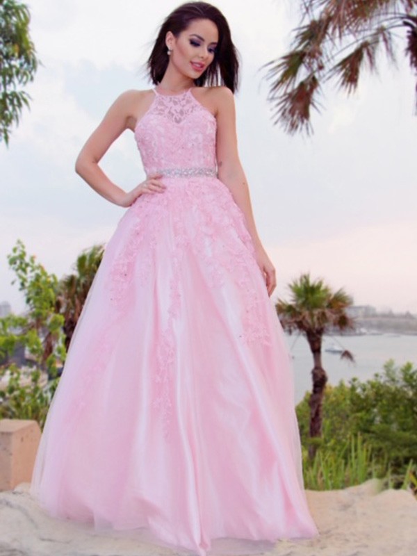 A-Line/Princess Tulle Applique Halter Sleeveless Floor-Length Dresses 5130