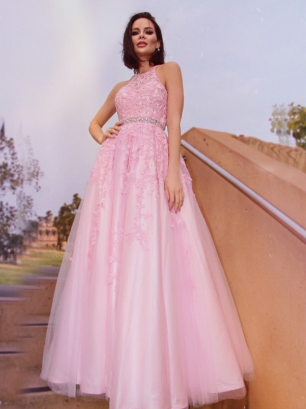 A-Line/Princess Tulle Applique Halter Sleeveless Floor-Length Dresses 5130