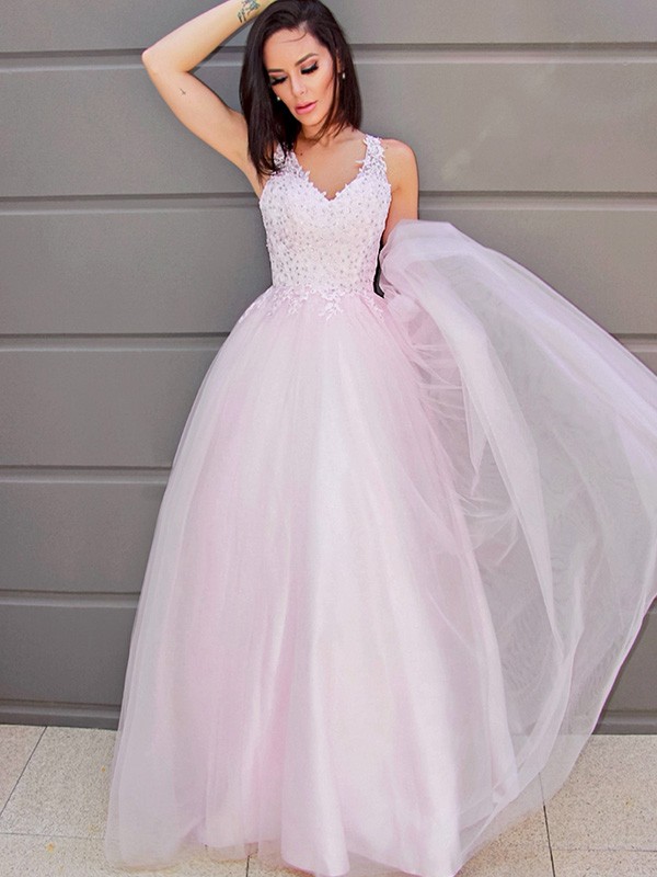 A-Line/Princess V-neck Sleeveless Applique Tulle Floor-Length Dresses 5511