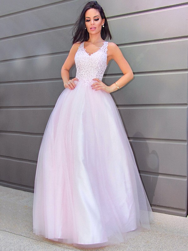 A-Line/Princess V-neck Sleeveless Applique Tulle Floor-Length Dresses 5511