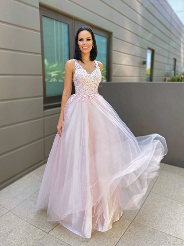 A-Line/Princess V-neck Sleeveless Applique Tulle Floor-Length Dresses 5511