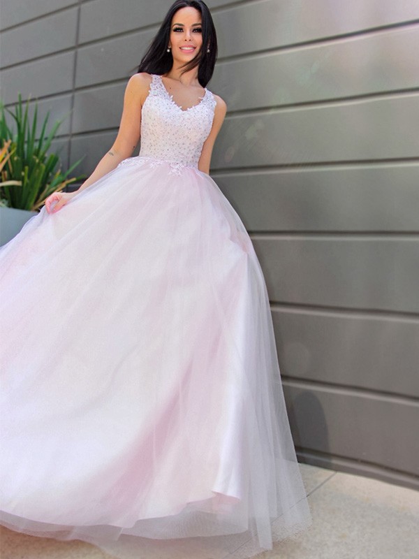 A-Line/Princess V-neck Sleeveless Applique Tulle Floor-Length Dresses 5511