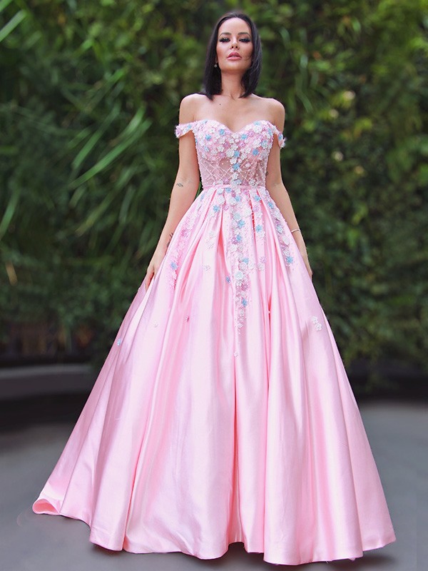 A-Line/Princess Satin Applique Off-the-Shoulder Sleeveless Sweep/Brush Train Dresses 4054