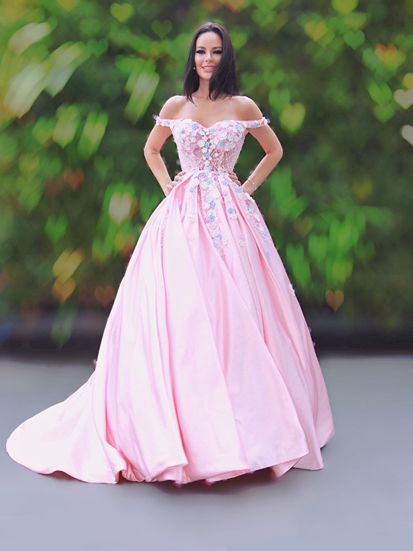 A-Line/Princess Satin Applique Off-the-Shoulder Sleeveless Sweep/Brush Train Dresses 4054