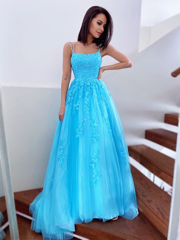 A-Line/Princess Spaghetti Straps Tulle Sleeveless Applique Sweep/Brush Train Dresses 4732