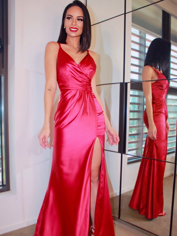 Sheath/Column Silk Like Satin Sleeveless V-neck Ruched Floor-Length Dresses 6356