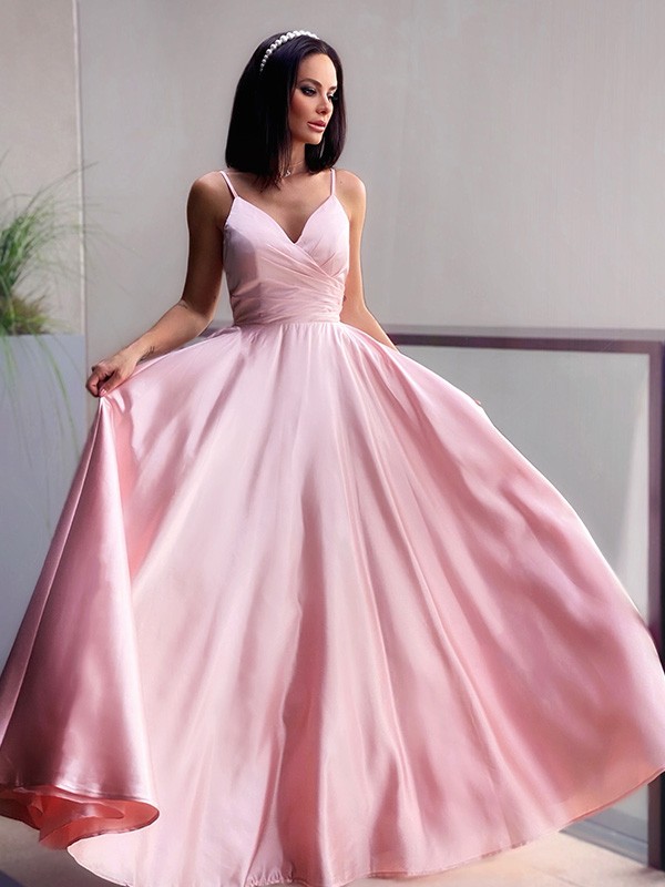 A-Line/Princess V-neck Satin Ruched Sleeveless Floor-Length Dresses 5490