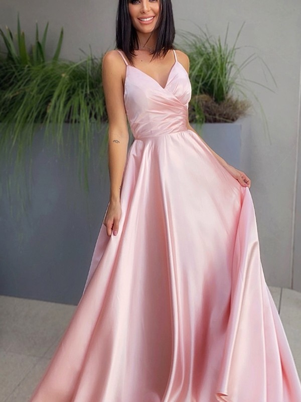 A-Line/Princess V-neck Satin Ruched Sleeveless Floor-Length Dresses 5490