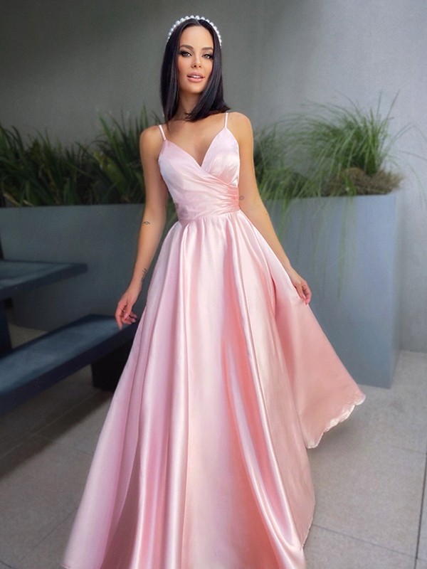 A-Line/Princess V-neck Satin Ruched Sleeveless Floor-Length Dresses 5490