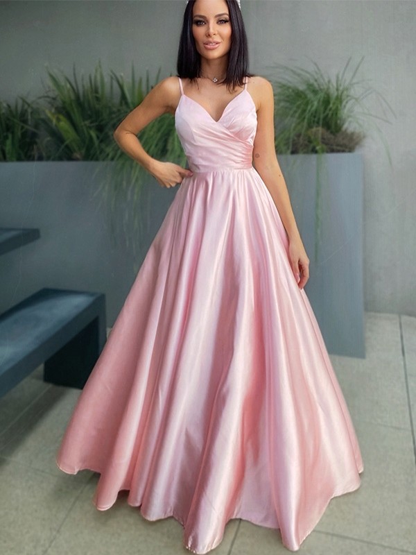 A-Line/Princess V-neck Satin Ruched Sleeveless Floor-Length Dresses 5490