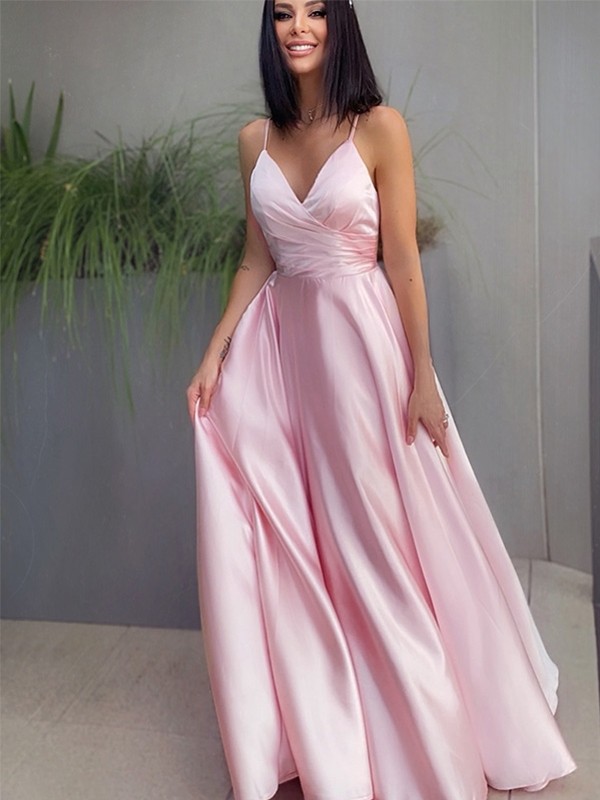 A-Line/Princess V-neck Satin Ruched Sleeveless Floor-Length Dresses 5490