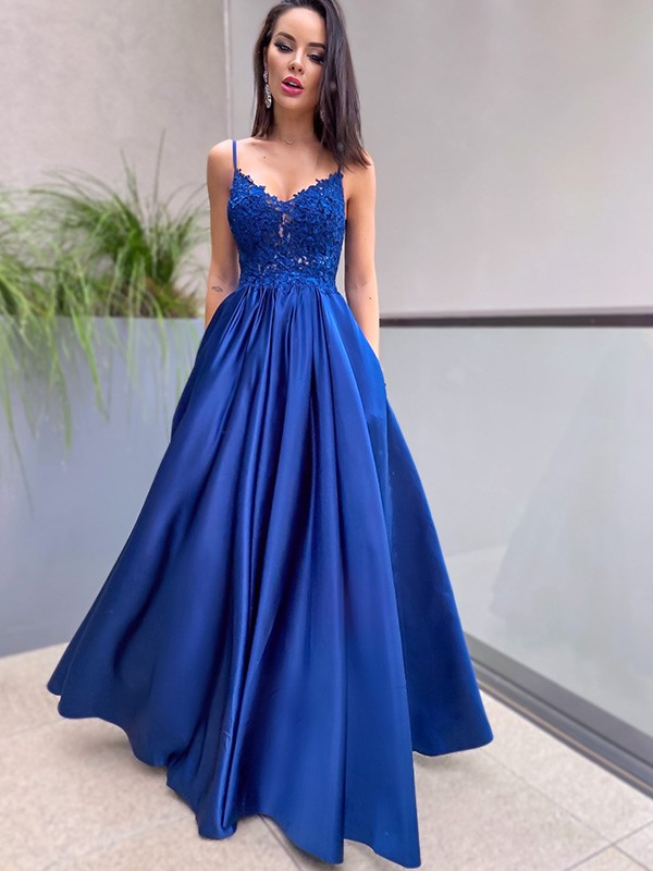 A-Line/Princess Applique Spaghetti Straps Satin Sleeveless Floor-Length Dresses 3339