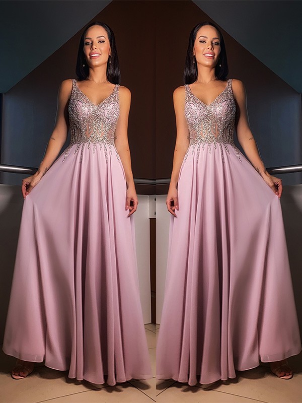 A-Line/Princess Chiffon V-neck Sleeveless Beading Floor-Length Dresses 3510