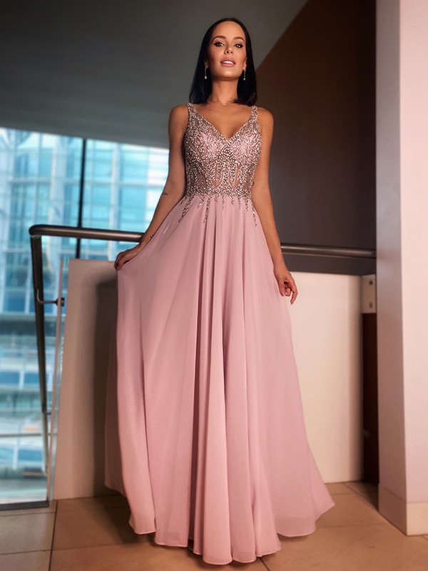 A-Line/Princess Chiffon V-neck Sleeveless Beading Floor-Length Dresses 3510