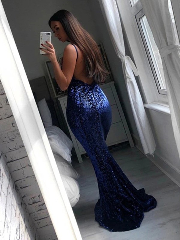 Trumpet/Mermaid V-neck Sweep/Brush Train Ruffles Sleeveless Sequins Dresses 7611