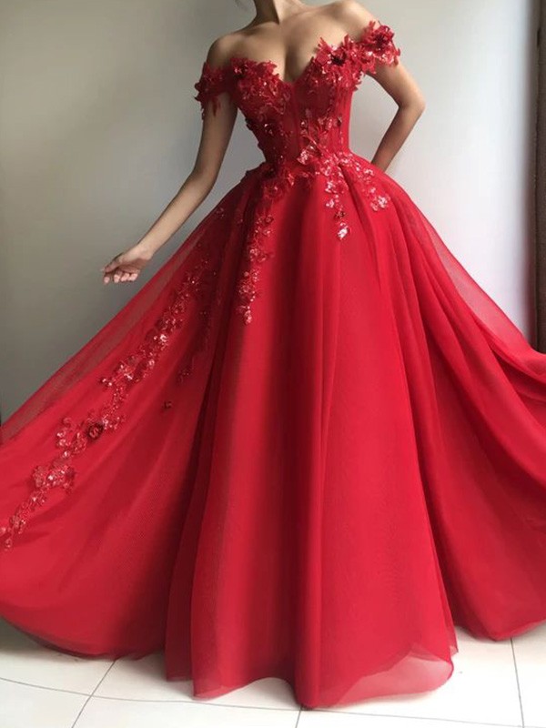 A-Line/Princess Tulle Off-the-Shoulder Sleeveless Applique Floor Length Dresses 3472