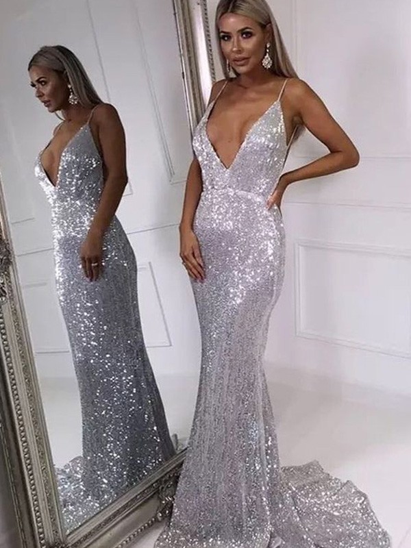 Trumpet/Mermaid Ruffles V-neck Sweep/Brush Train Sleeveless Sequins Dresses 7202