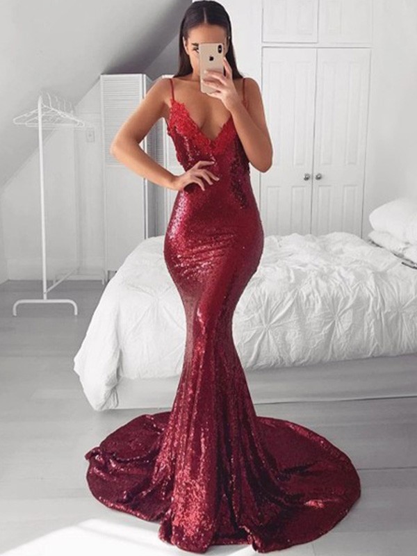 Trumpet/Mermaid V-neck Sequins Applique Sweep/Brush Train Sleeveless Dresses 7589