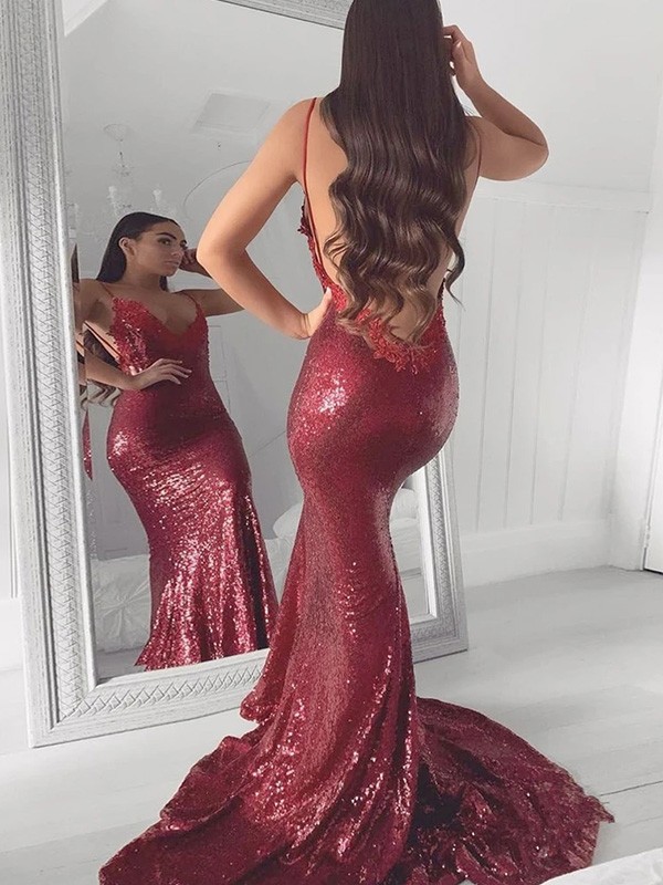 Trumpet/Mermaid V-neck Sequins Applique Sweep/Brush Train Sleeveless Dresses 7589