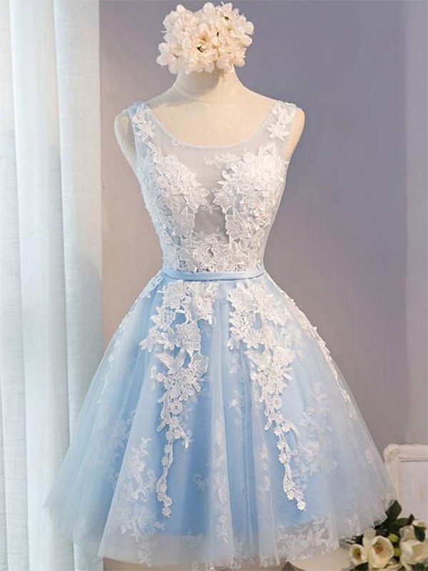 A-Line/Princess Tulle Applique Scoop Sleeveless Short/Mini Homecoming Dresses 5163