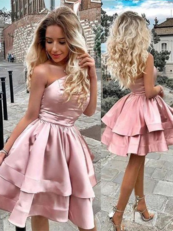 A-Line/Princess One-Shoulder Charmeuse Ruffles Sleeveless Short/Mini Homecoming Dresses 3875