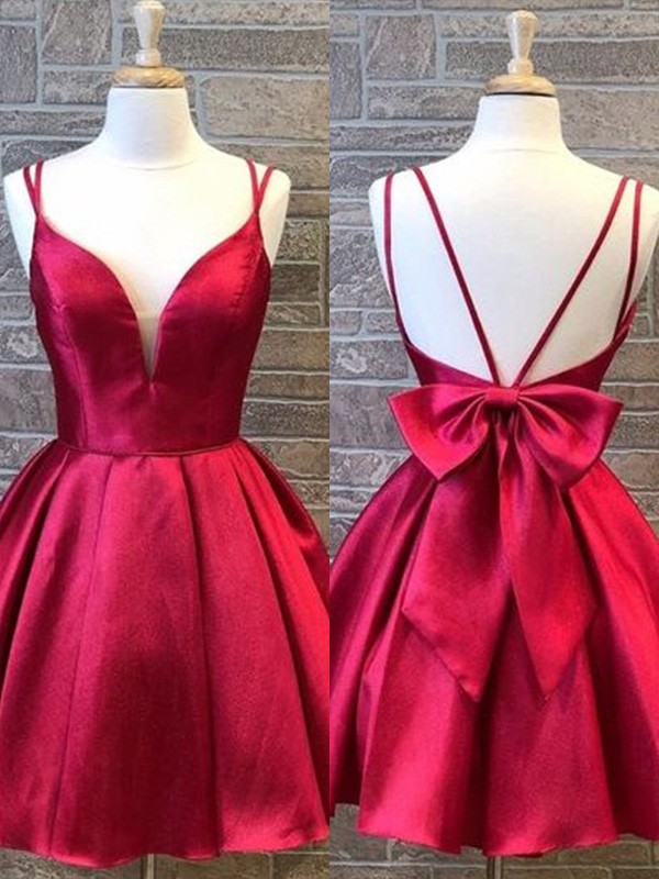 A-Line/Princess Satin Spaghetti Straps Sleeveless Bowknot Short/Mini Homecoming Dresses 4254