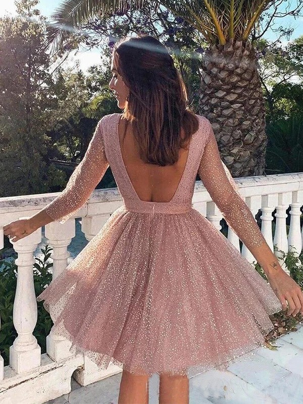 A-Line/Princess Ruffles 3/4 Sleeves Scoop Short/Mini Homecoming Dresses 3987