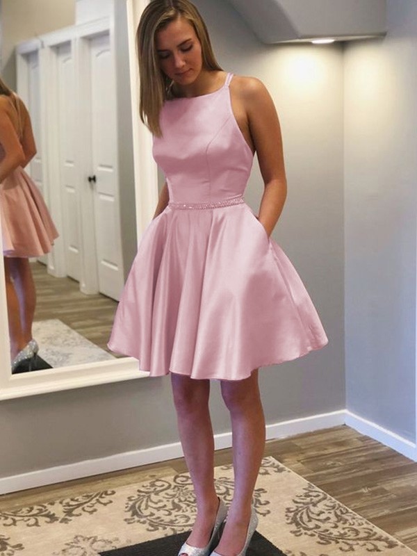 A-Line/Princess Satin With Rhinestone Straps Sleeveless Short/Mini Homecoming Dresses 4261