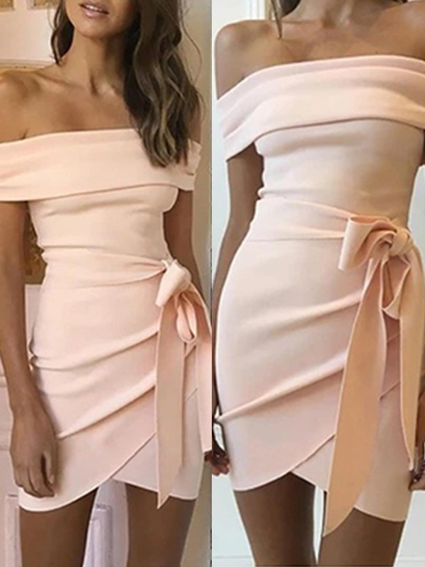 Sheath/Column Off-the-Shoulder Stretch Crepe Sash/Ribbon/Belt Sleeveless Short/Mini Homecoming Dresses 6139