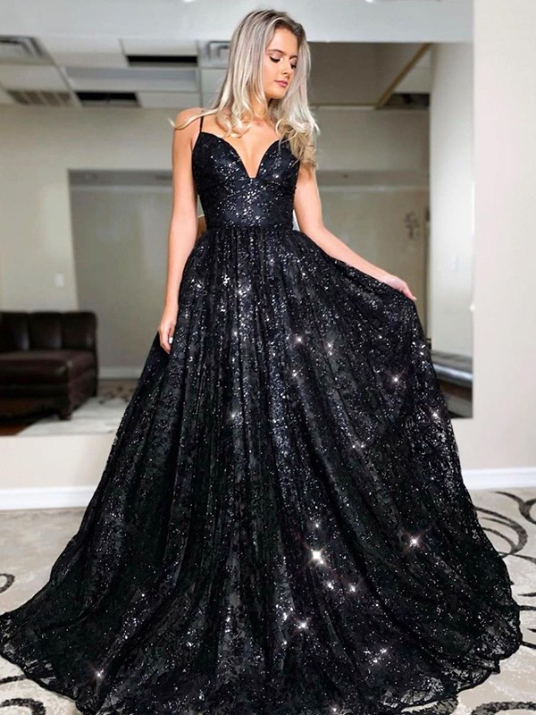 A-Line/Princess Floor-Length V-neck Sequin Sleeveless Sequins Dresses 4892