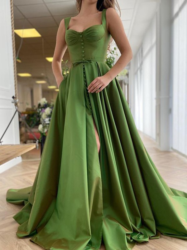 A-Line/Princess Court Train Straps Sleeveless Satin Ruffles Dresses 4889