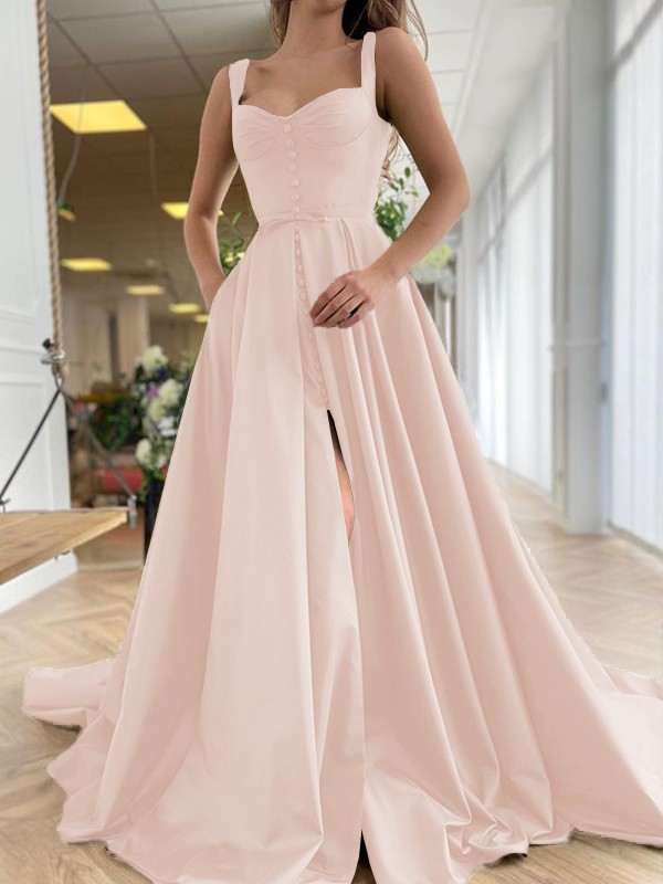 A-Line/Princess Court Train Straps Sleeveless Satin Ruffles Dresses 4889