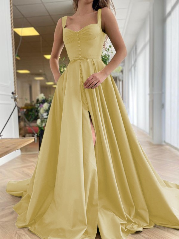 A-Line/Princess Court Train Straps Sleeveless Satin Ruffles Dresses 4889