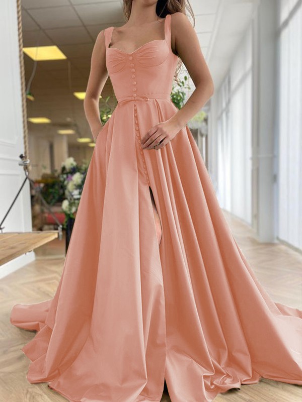 A-Line/Princess Court Train Straps Sleeveless Satin Ruffles Dresses 4889