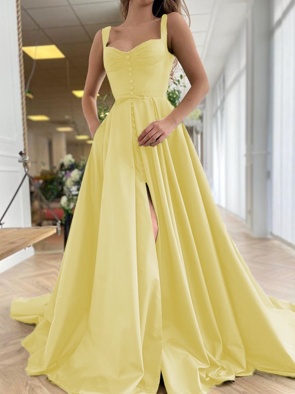 A-Line/Princess Court Train Straps Sleeveless Satin Ruffles Dresses 4889