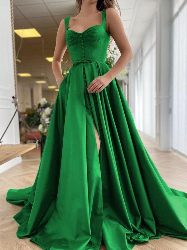 A-Line/Princess Court Train Straps Sleeveless Satin Ruffles Dresses 4889