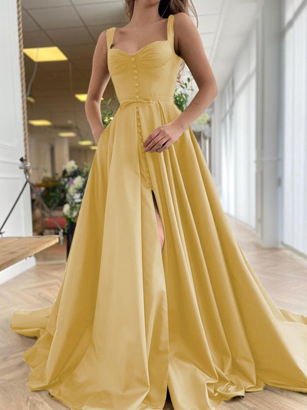 A-Line/Princess Court Train Straps Sleeveless Satin Ruffles Dresses 4889