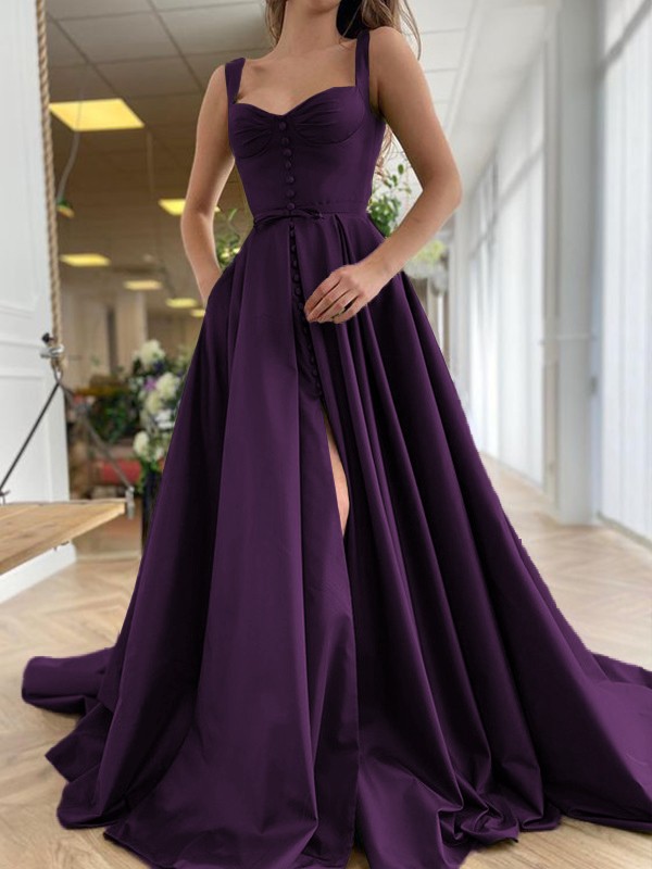 A-Line/Princess Court Train Straps Sleeveless Satin Ruffles Dresses 4889